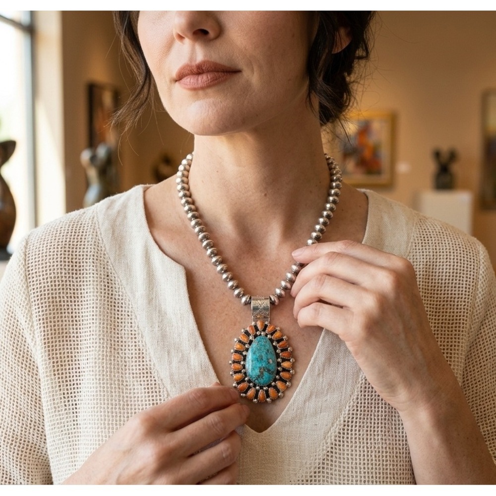 Kingman Turquoise Pendant Necklace‎ Navajo Pearls Spiny Oyster Signed Jewelry**